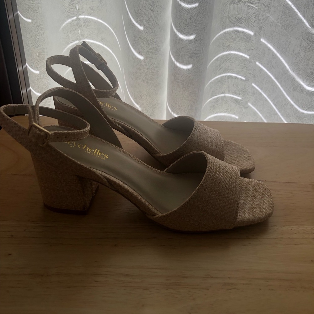 NWOT Seychelles Anthropologie Raffia Blush Tan Block Heel Sandal Size 8.5 - Picture 7 of 12